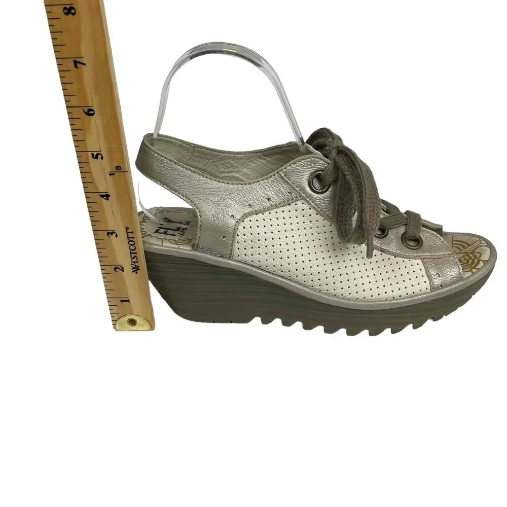 Fly London Womens White Silver Perforated Leather‎ Yuta Wedge Sandals Size 39